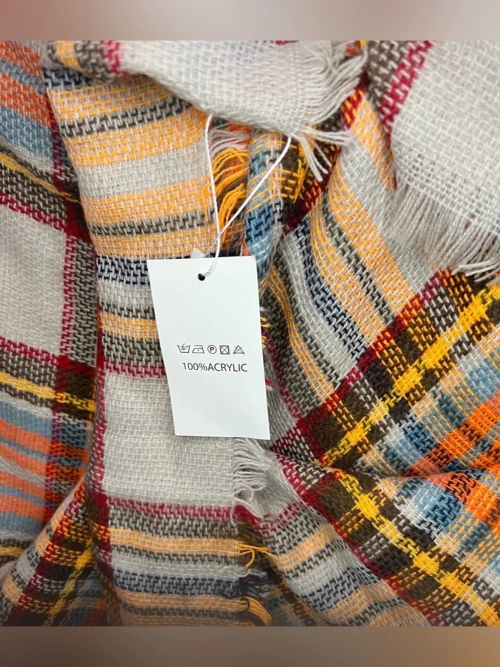 NWT Kyoot Klothing Plaid Blanket Scarf Orange Grey Tartan Scarf Size 58” X 57”
